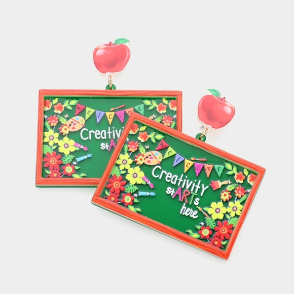 Creativity StARTS Here ChalkBoard Teacher Dangle Earrings Apple School Gift Drop - Picture 1 of 3